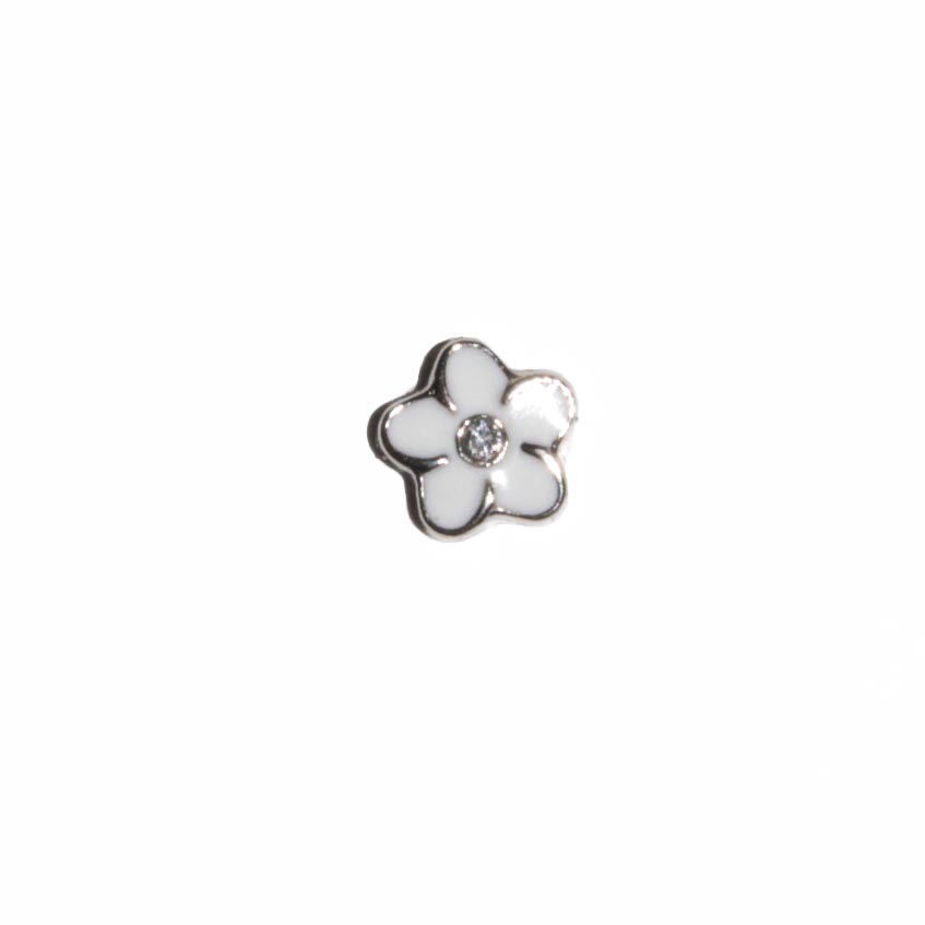 White flower with clear stone 7mm floating charm - Click Image to Close